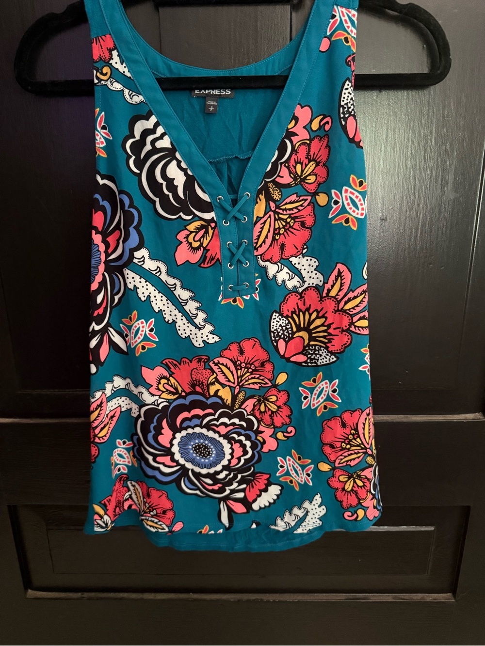 Express Teal Floral Lace-Up Tank with Pink & Black Accents